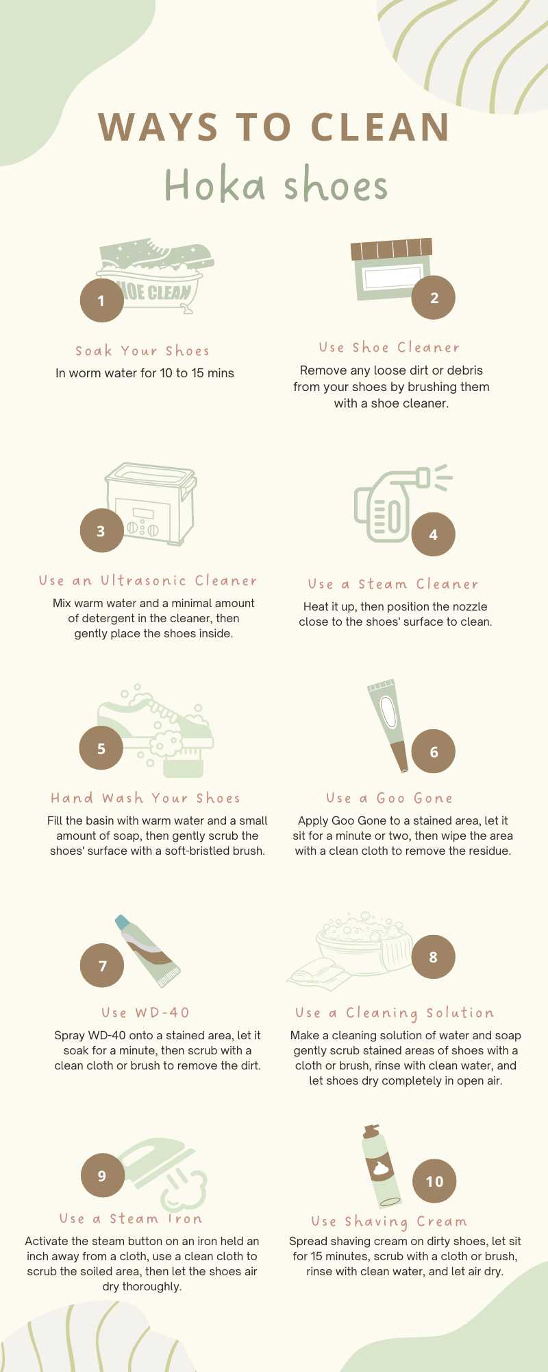 infographic on 10 ways to clean your Hoka shoes