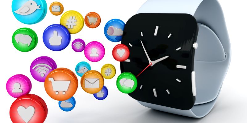 Smartwatch surrounded by colorful app icons representing various functions and social media symbols